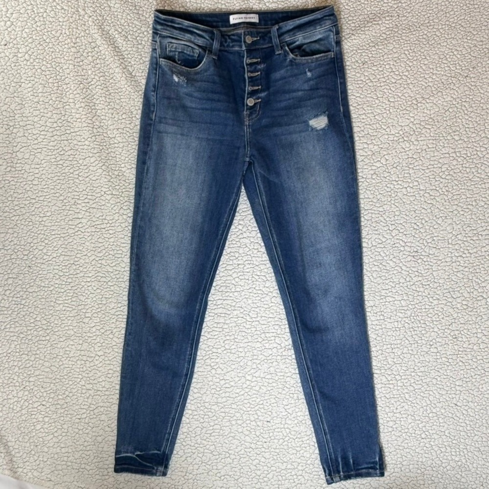 Flying Monkey Womens High Rise Button Fly Skinny Jeans Medium Wash Distressed 29